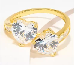 Diamonique Double Heart Ring, Sterling Silver - Yellow, 4
