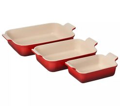 Le Creuset Set of (3) Heritage Rectangular Baking Dishes - Cerise