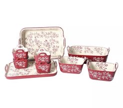 Temp-tations Floral Lace 9-Pieces Bakeware Set w/ Upswept Handles - Cranberry