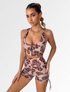 Summer Casual Tank Tops Shorts Outfits Women - Flower brown, L