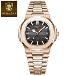 POEDAGAR New Luxury Rose Gold Quartz Watch for Men Stainless Steel Sports Waterproof Luminous Date Fashion Square Men's Watches